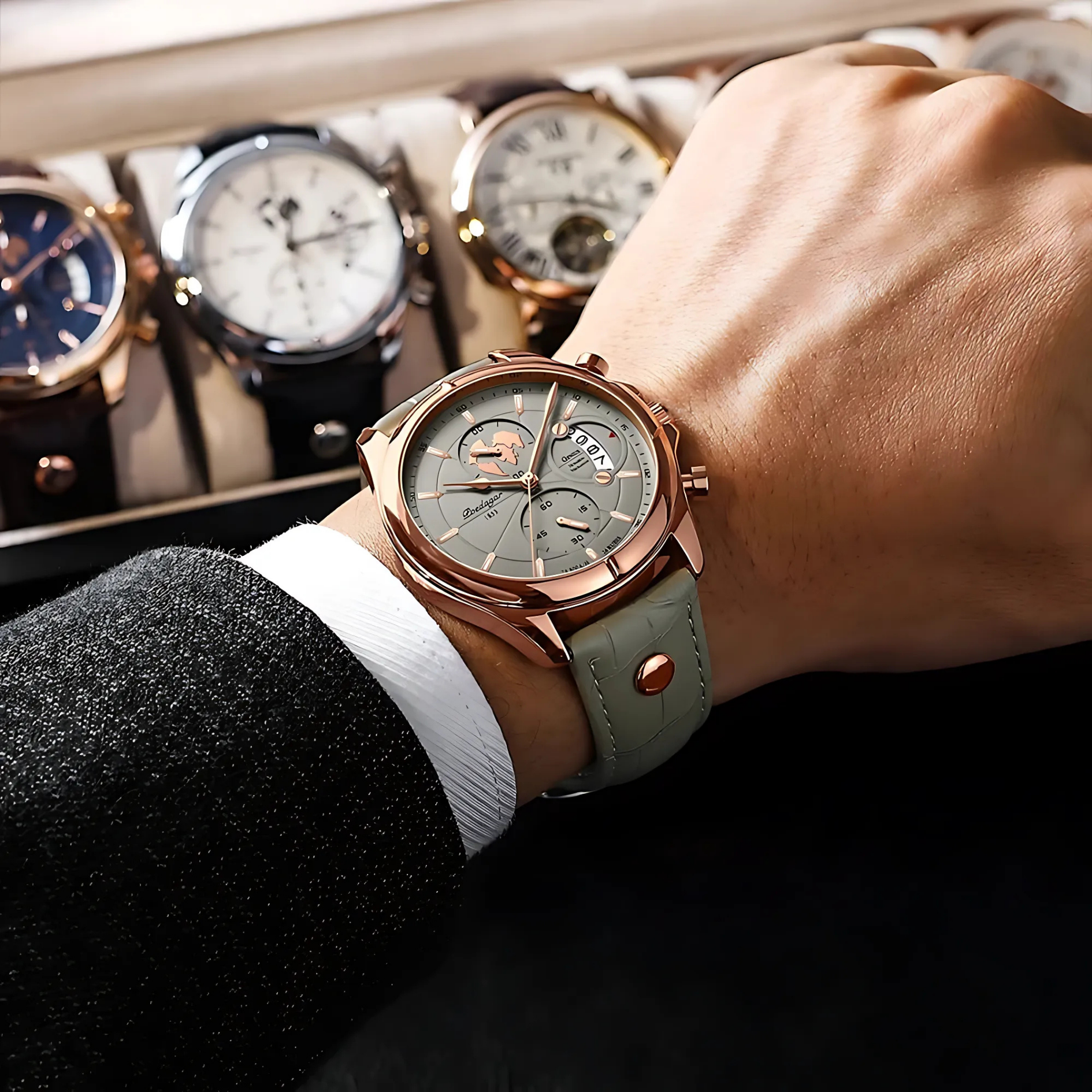 POEDAGAR ARMY Series Grey Dial Leather Strap Men's Watch